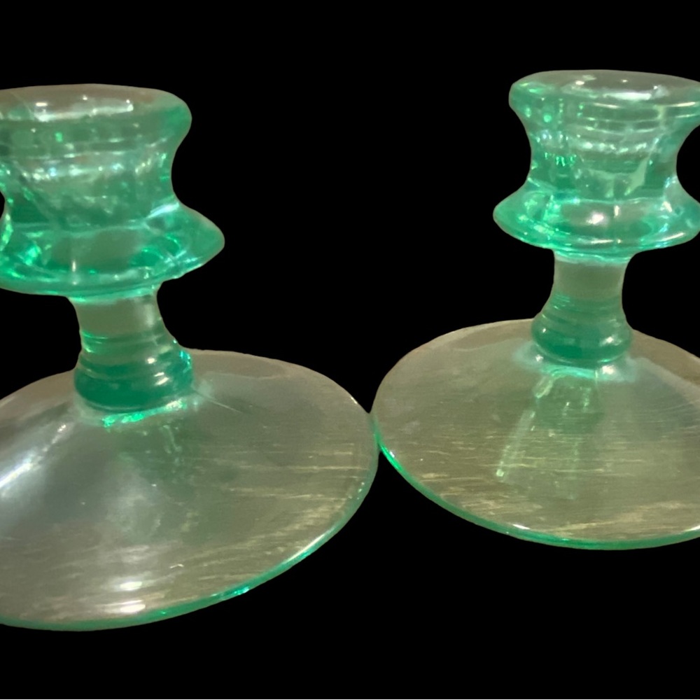 Vintage depression green glass candlestick holder